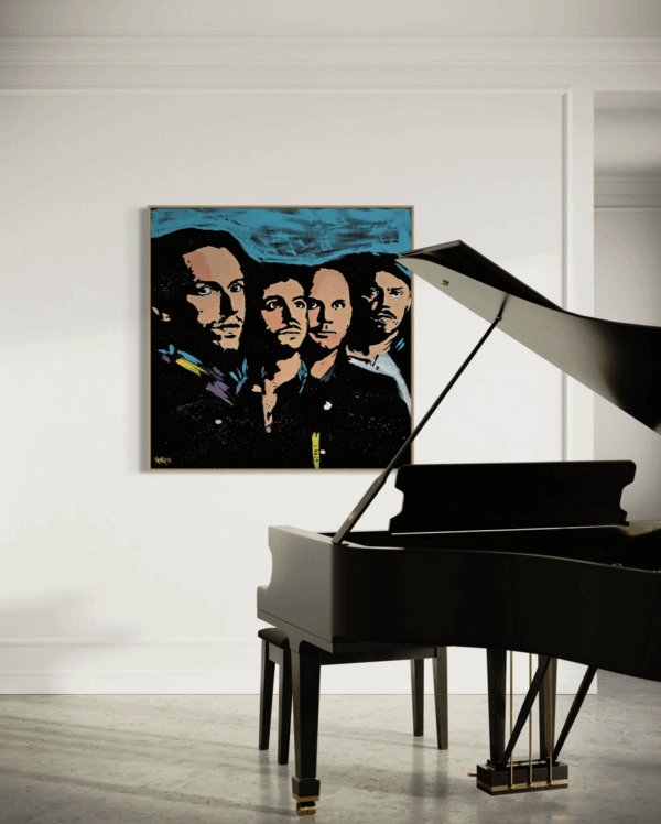 Henrix original artwork featuring Coldplay band members, painted in tones of blue, black, and peach.